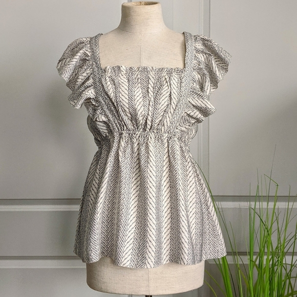 Current Air Top Ruffled Tie Back Straps Sleeveless Ruched Off-White Navy M NWT - Picture 2 of 16